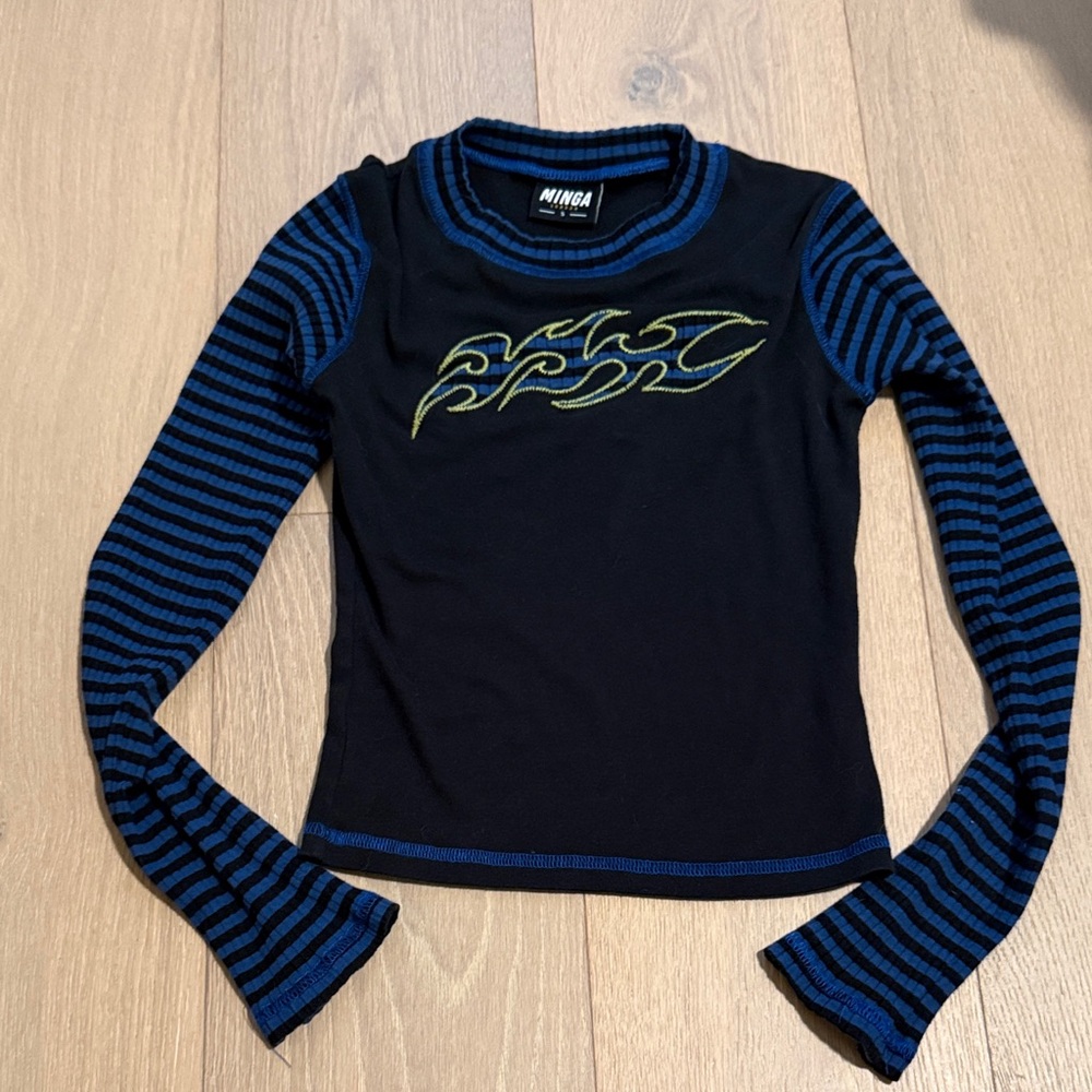 Minga London Black Top with Blue Stripes and Flame Design